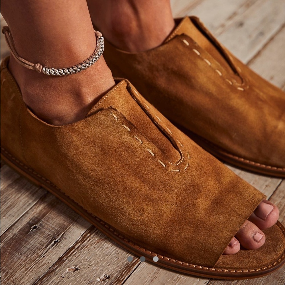 Free People Tan Rogue Oxford Slip-On Leather Sandals Open-Toe Flats Sz 7 - Picture 9 of 10